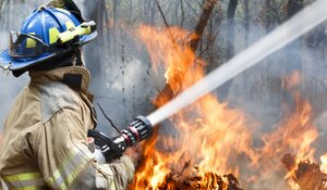 Firefighter using firehose on a wildfire